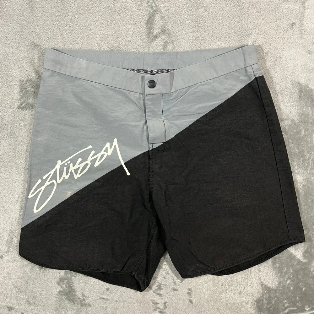 Stussy Board Shorts Mens Size 30 Grey Black Colorblock Logo Swim Trunks Beach
